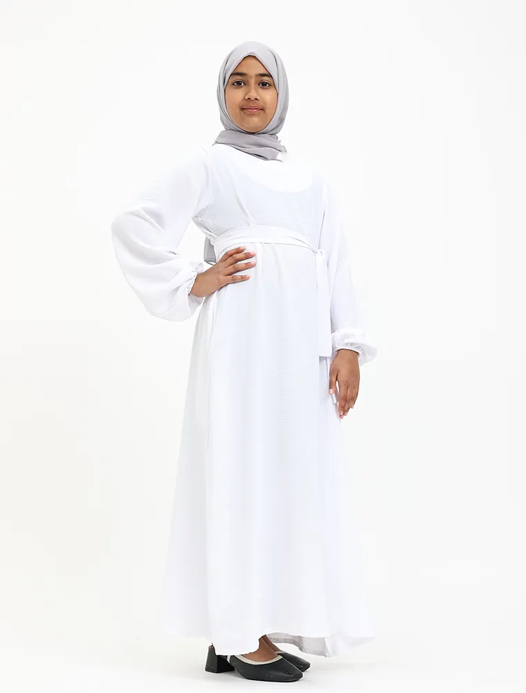 White Linen Feel Essential Girls Abaya